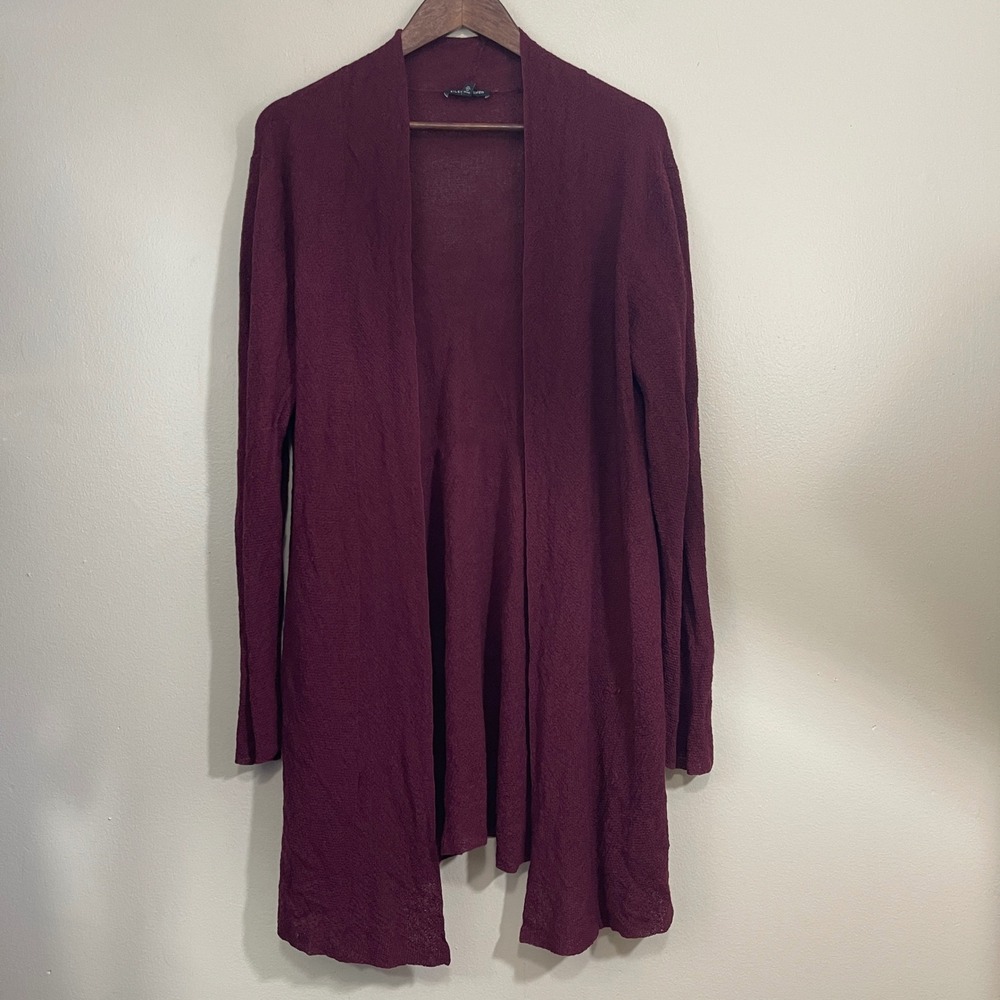 Eileen Fisher 100% Wool Knit Duster Cardigan Medium Burgundy Open Front‎